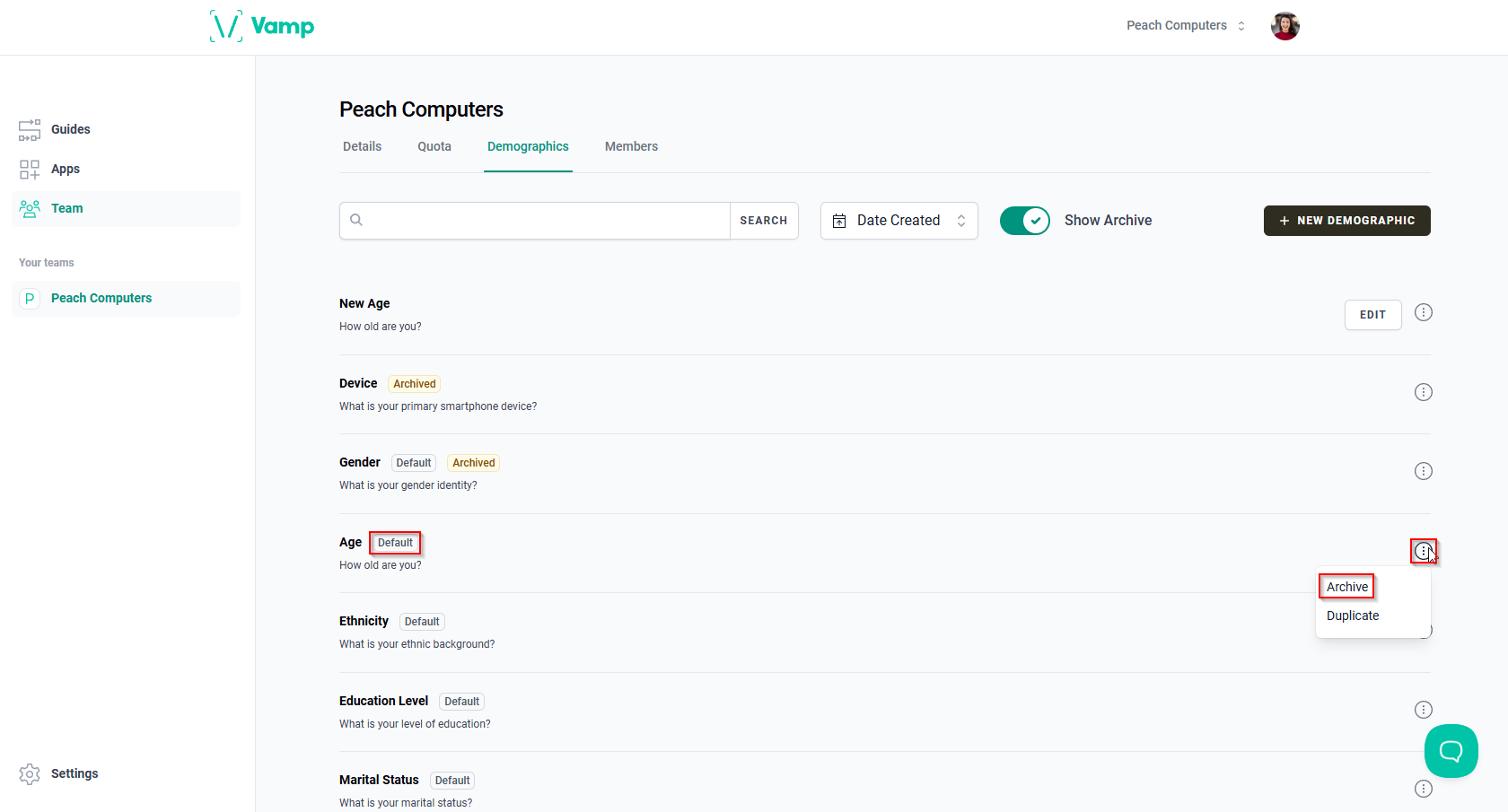 The “More options” icon, the “Archive” option, and the “Default” label.