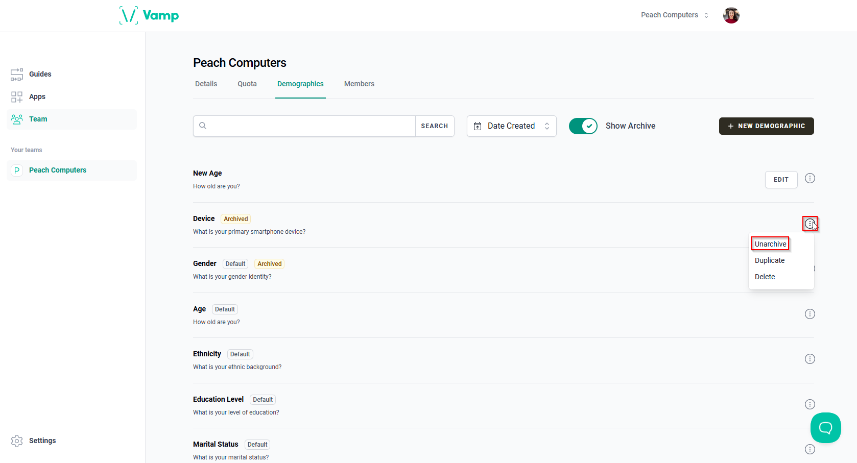The “More options” icon and the “Unarchive” option.