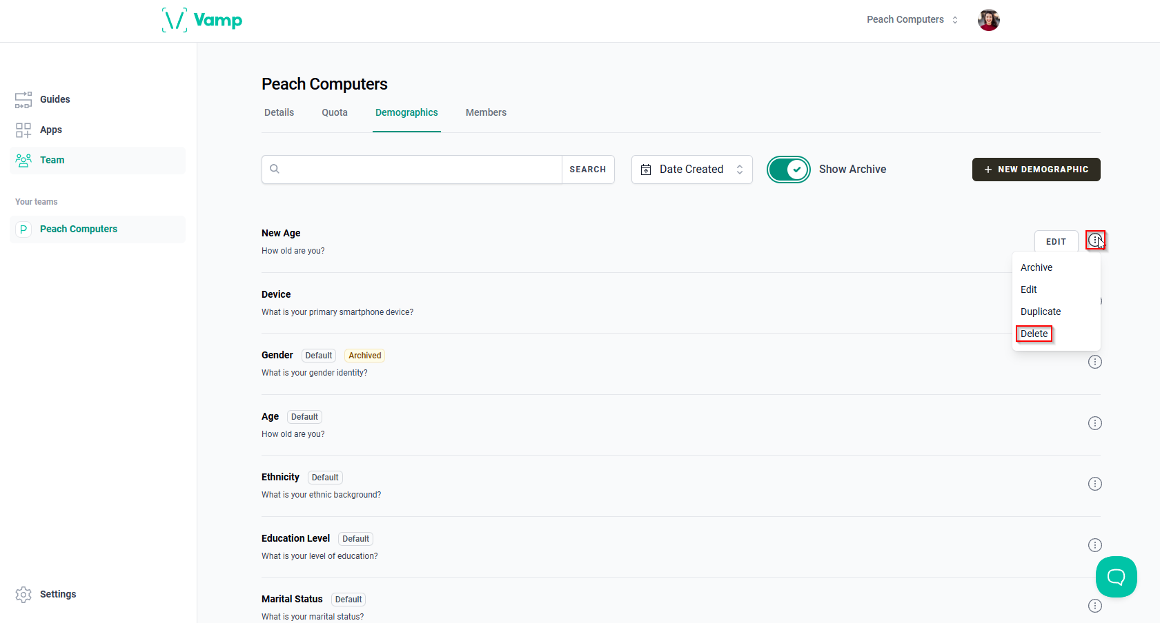 The “More options” icon and the “Delete” option.