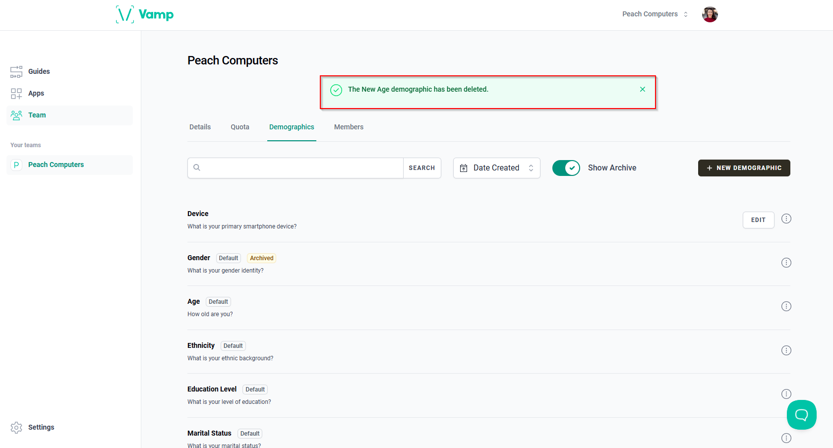 The green delete confirmation message.