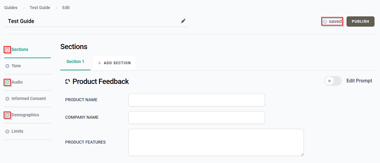 The Guide Edit page with the save status and tab status indicators.
