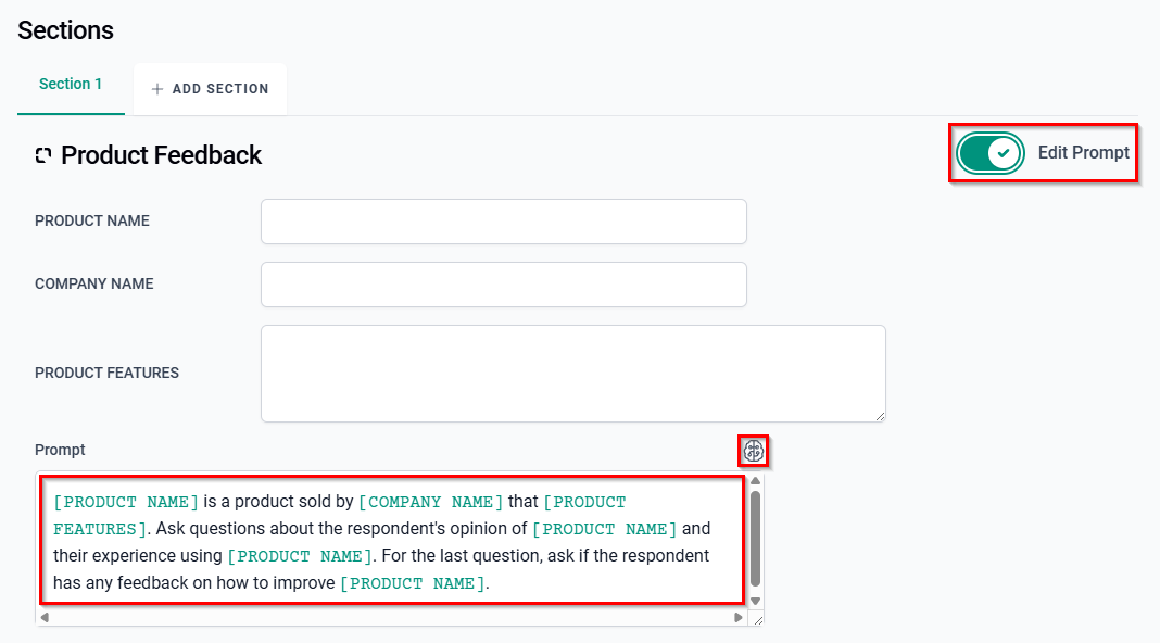 The Edit Prompt toggle, the Prompt field, and the AI Assist icon. 