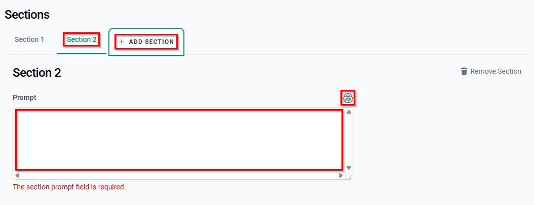 The + ADD SECTION button, the new Section, the Prompt field, and the AI Assist icon. 