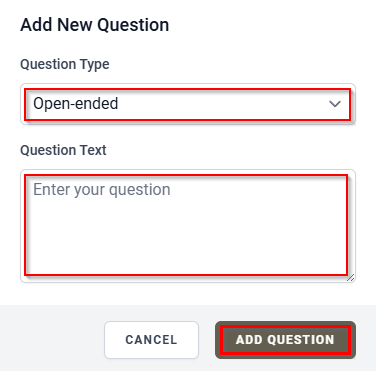 The Add New Question dialog window with the Question Type dropdown menu, the Question Text field, and the Add Question button. 