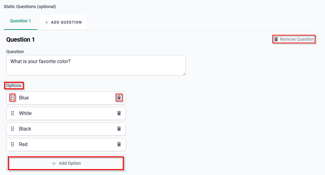 The Options section with the + Add Option, the drag-and-drop handles, and the Remove icons. 
