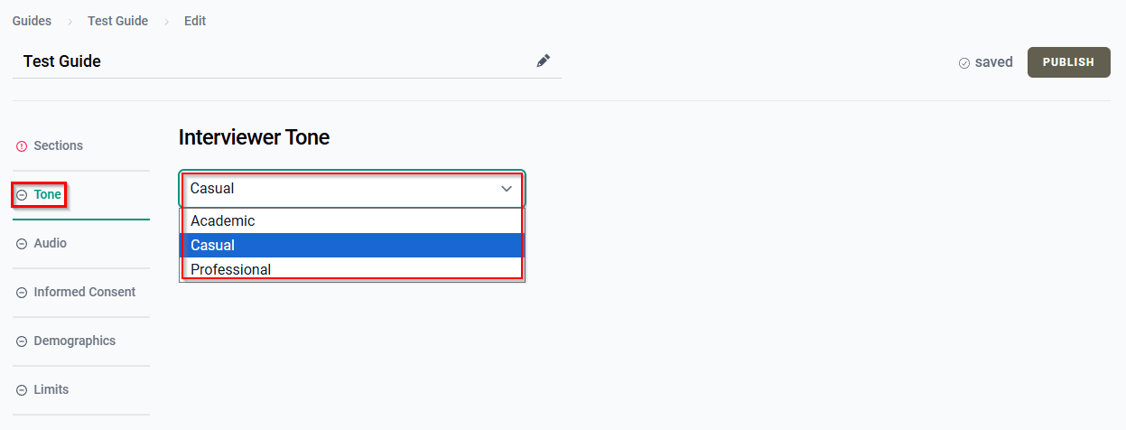 The Interviewer Tone dropdown menu.