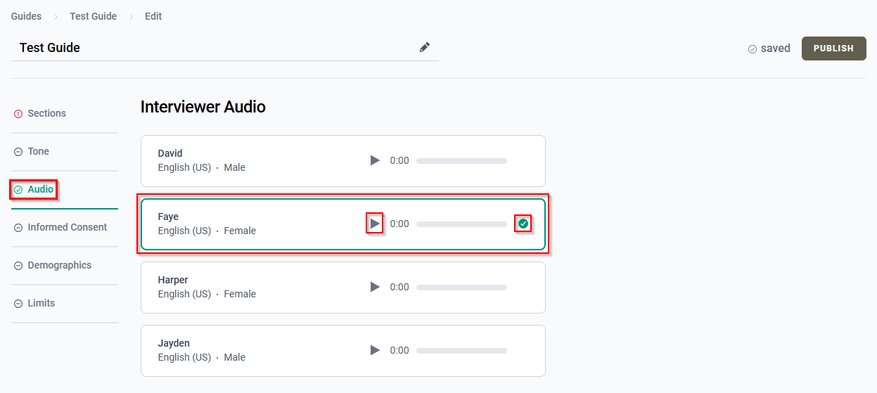 The Audio tab showing a selcted interviewer voice.