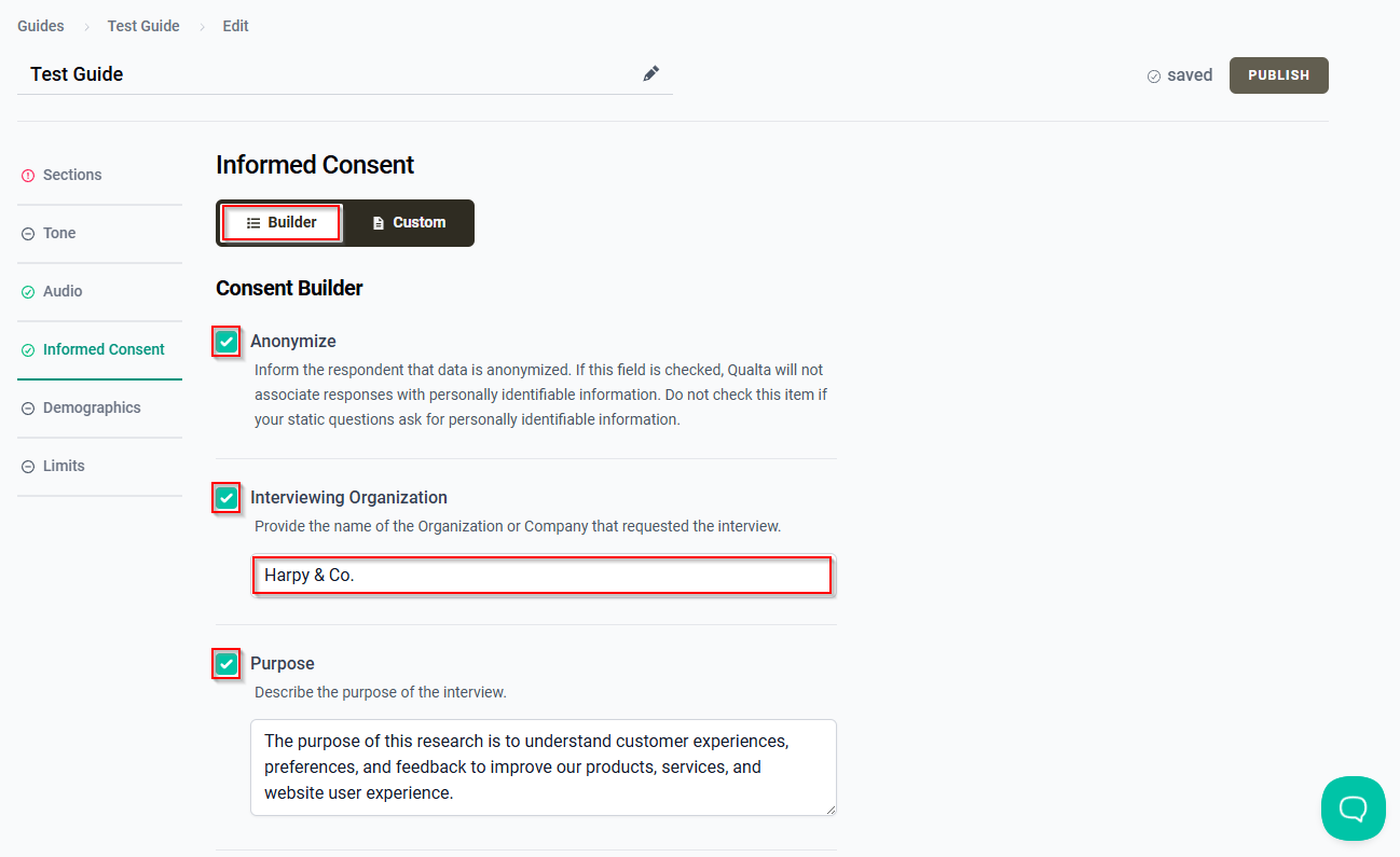 The Conset Builder with the consent sections enabled and associated fields completed.