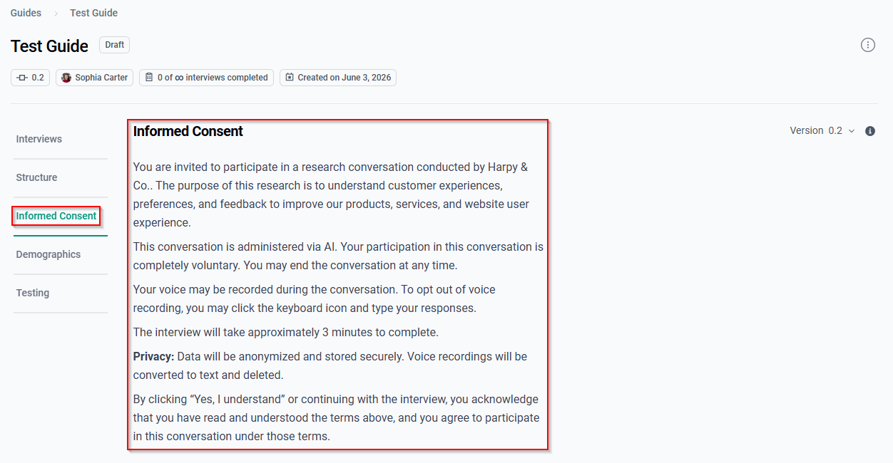 The Guides page with the Informed Consent tab and the generated consent text. 