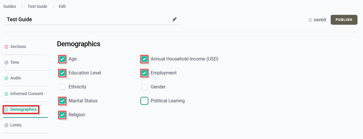 The Demographics tab showing selected demographic fields.