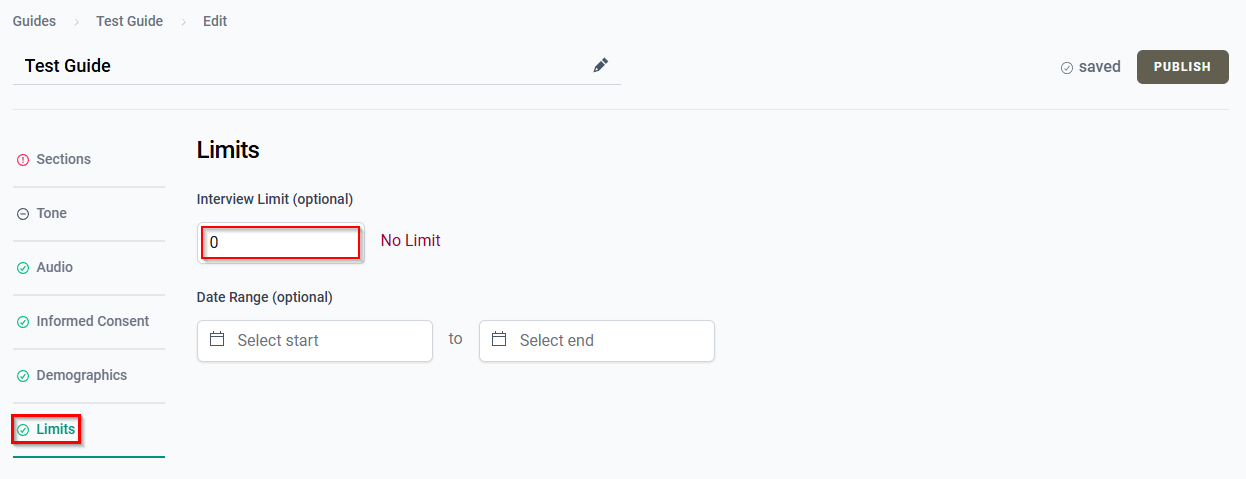 The Limits tab with the Interview Limit field.