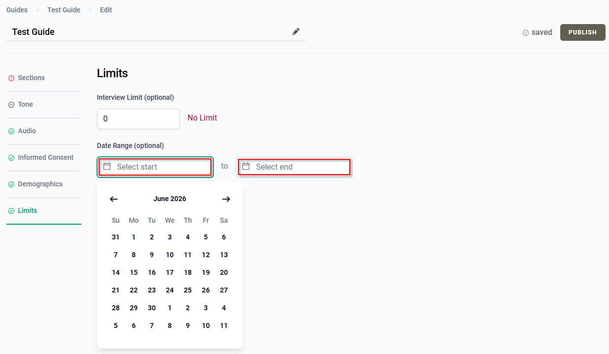 The Date Range fields and the calendar picker in the Limits tab.