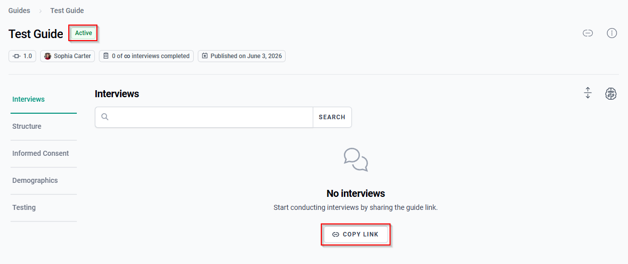 The Guide Detail page showing an Active Guide and the Copy Link button.