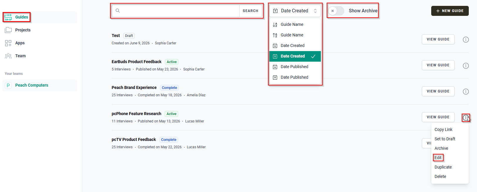 The Guides page showing the Search bar, Sorting Options menu, Show Archive toggle, and Edit option from the More Options icon. 
