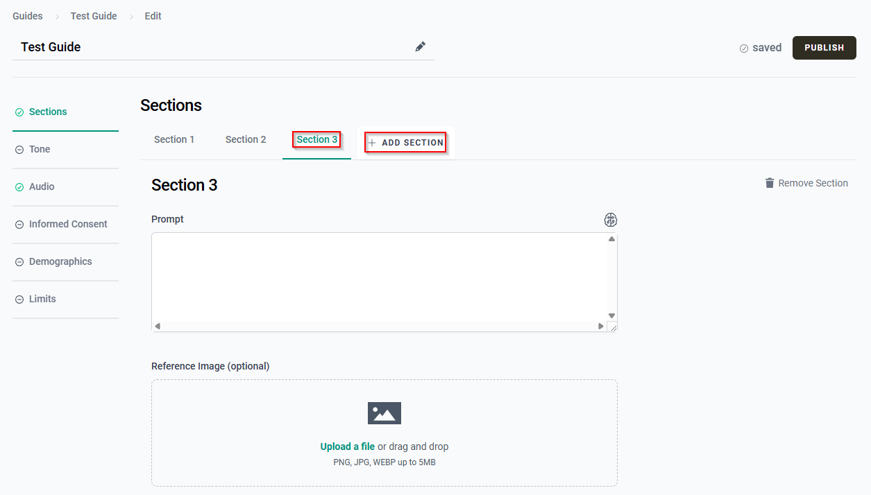 The +ADD SECTION button and a newly created Section. 