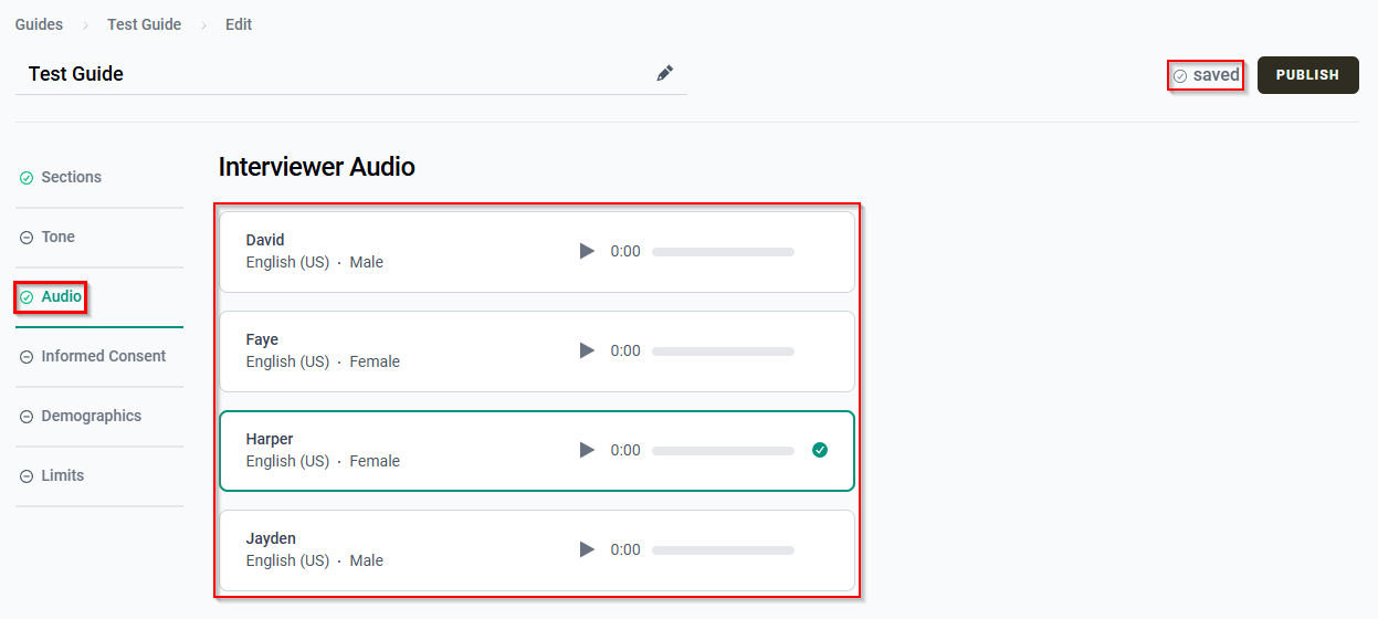 The Audio tab showing available interviewer voice options and the save status.