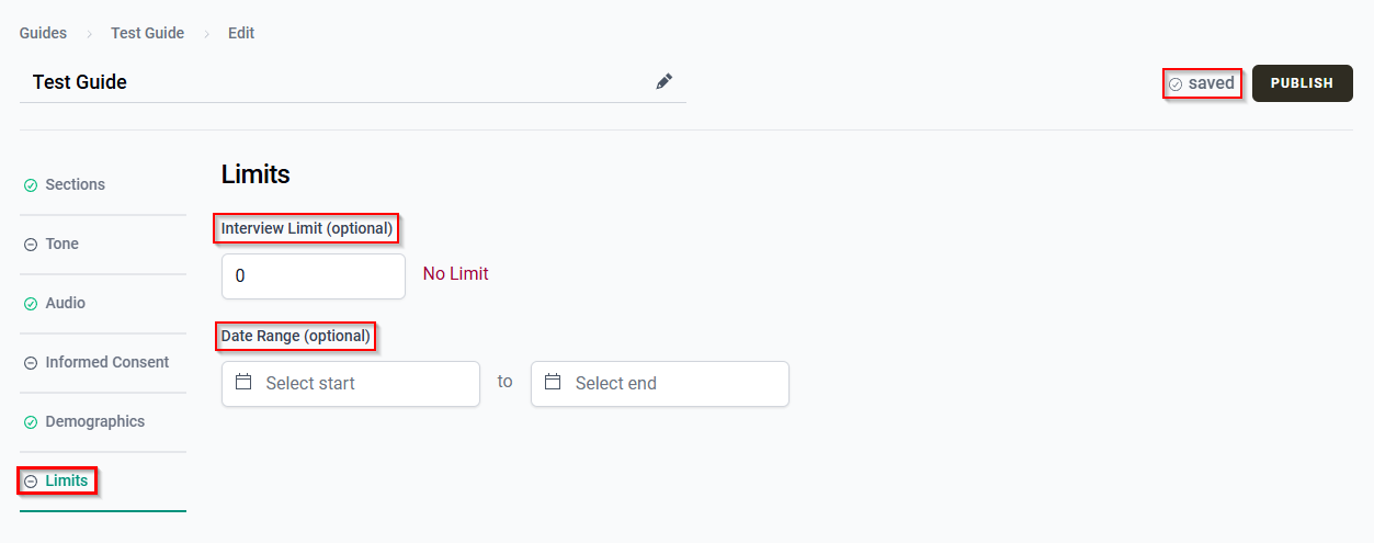 The Limits tab showing the Interview Limit and Date Range settings and save status.