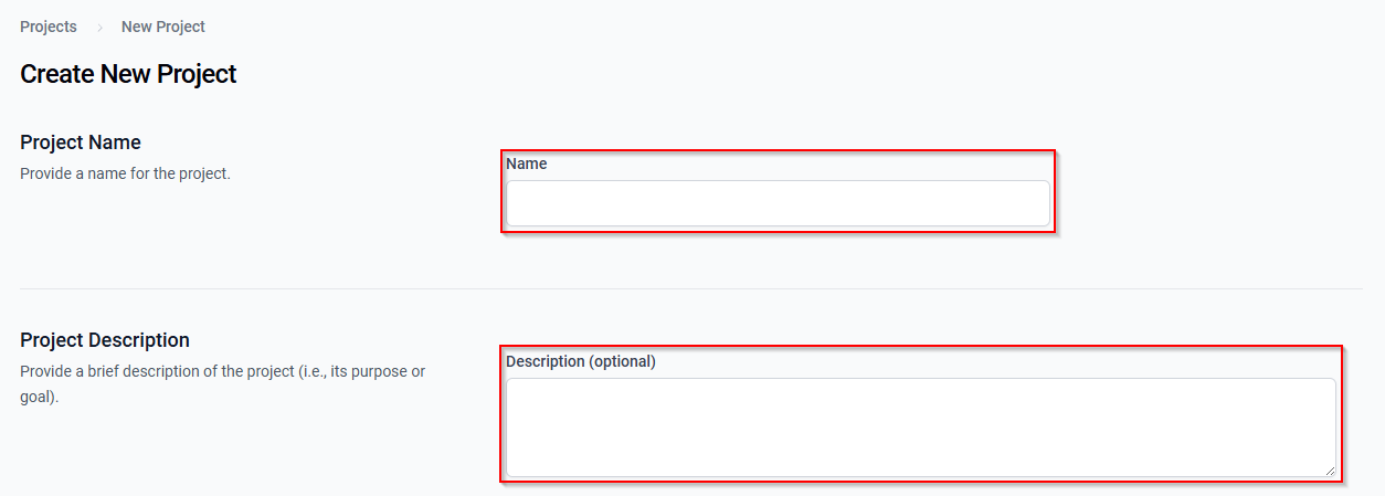 The Project Name and Project Description fields on the Create New Project page.