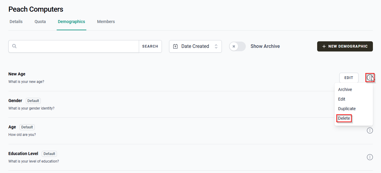 The Demographics tab with the More options icon and the Delete option.