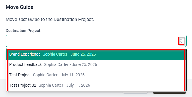 The Move Guide dialog showing the Destination Project dropdown list.