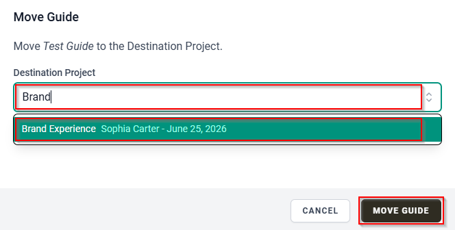 The Move Guide dialog showing a Project being searched in the Destination Project field and the Move Guide button. 