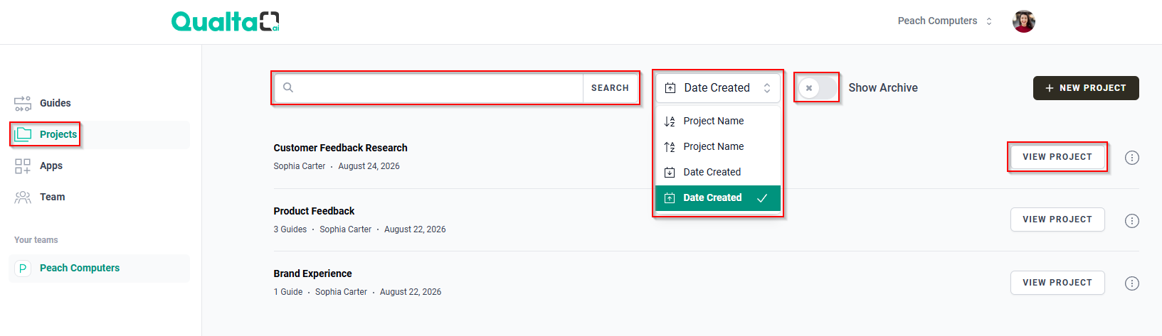 Projects page showing the SEARCH bar, sorting options, Show Archive toggle, and VIEW PROJECT button for a project.