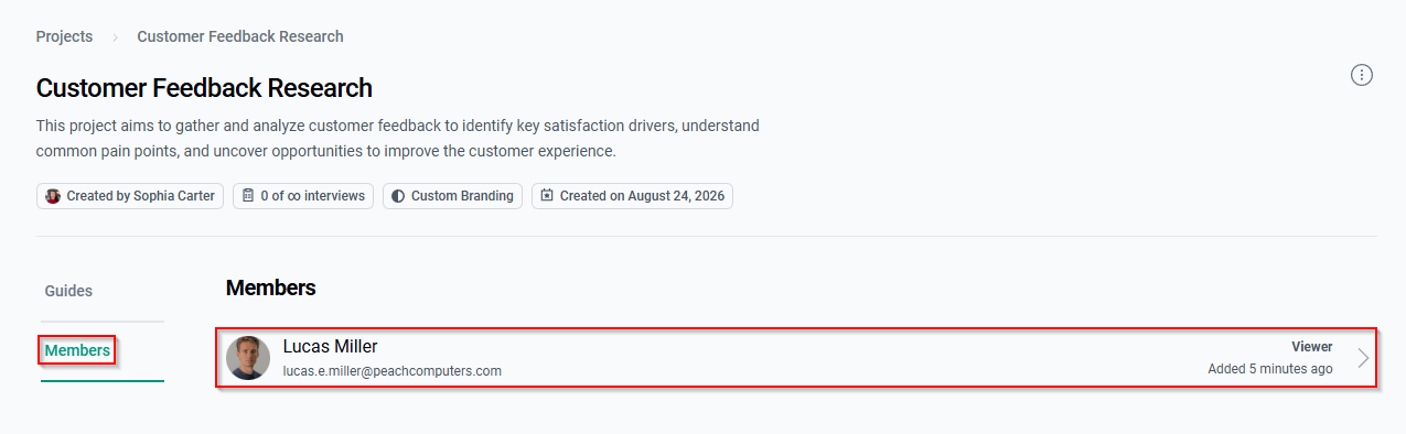 Project Members section showing a Project Member's name, email address, Project Role, and date added.
