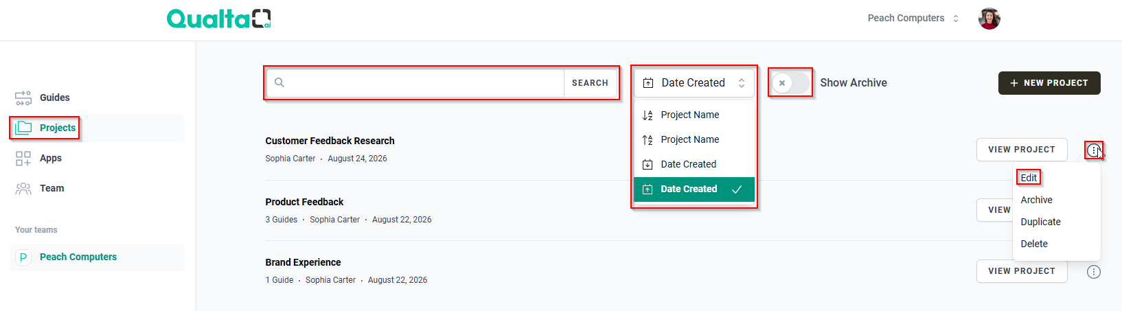 Projects page showing the SEARCH bar, sorting options, Show Archive toggle, and the More Options menu for a project with the Edit option highlighted.