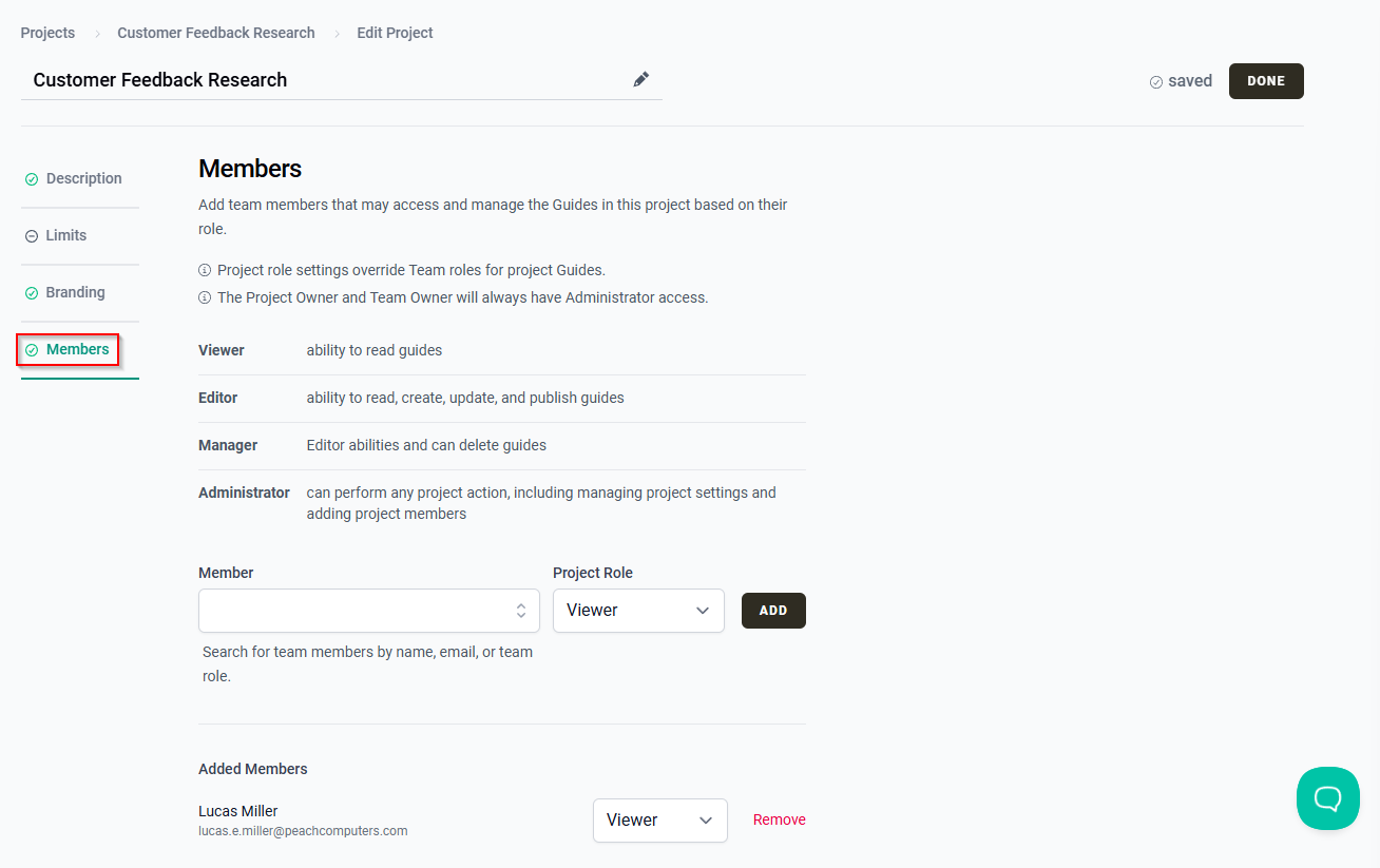 Members tab in Edit Project.
