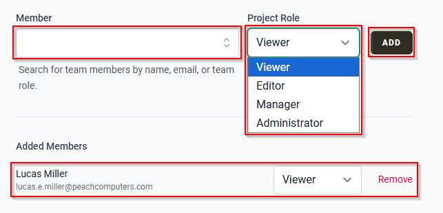 The Member field, Project Role dropdown, ADD button, and Added Members list.