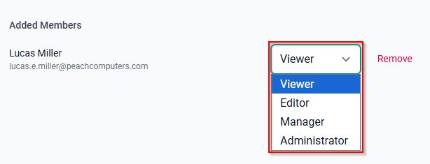 The Added Members list showing the Project Role dropdown for a Project Member.