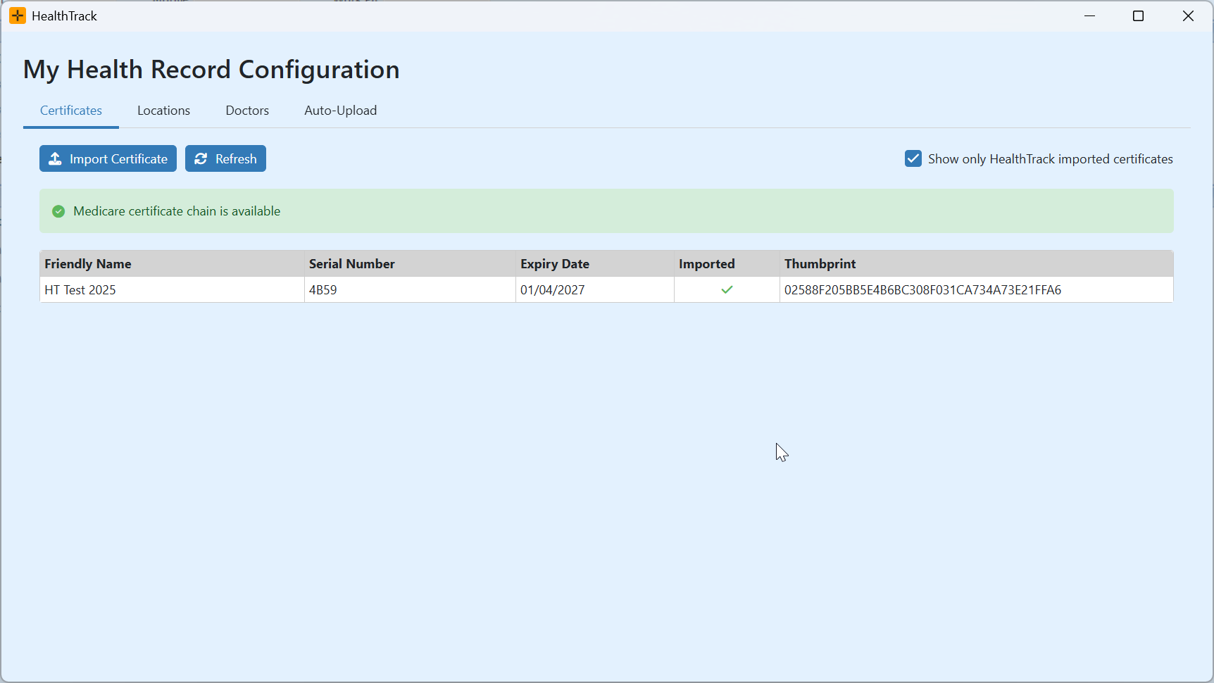 Certificates tab in the My Health Record Configuration screen