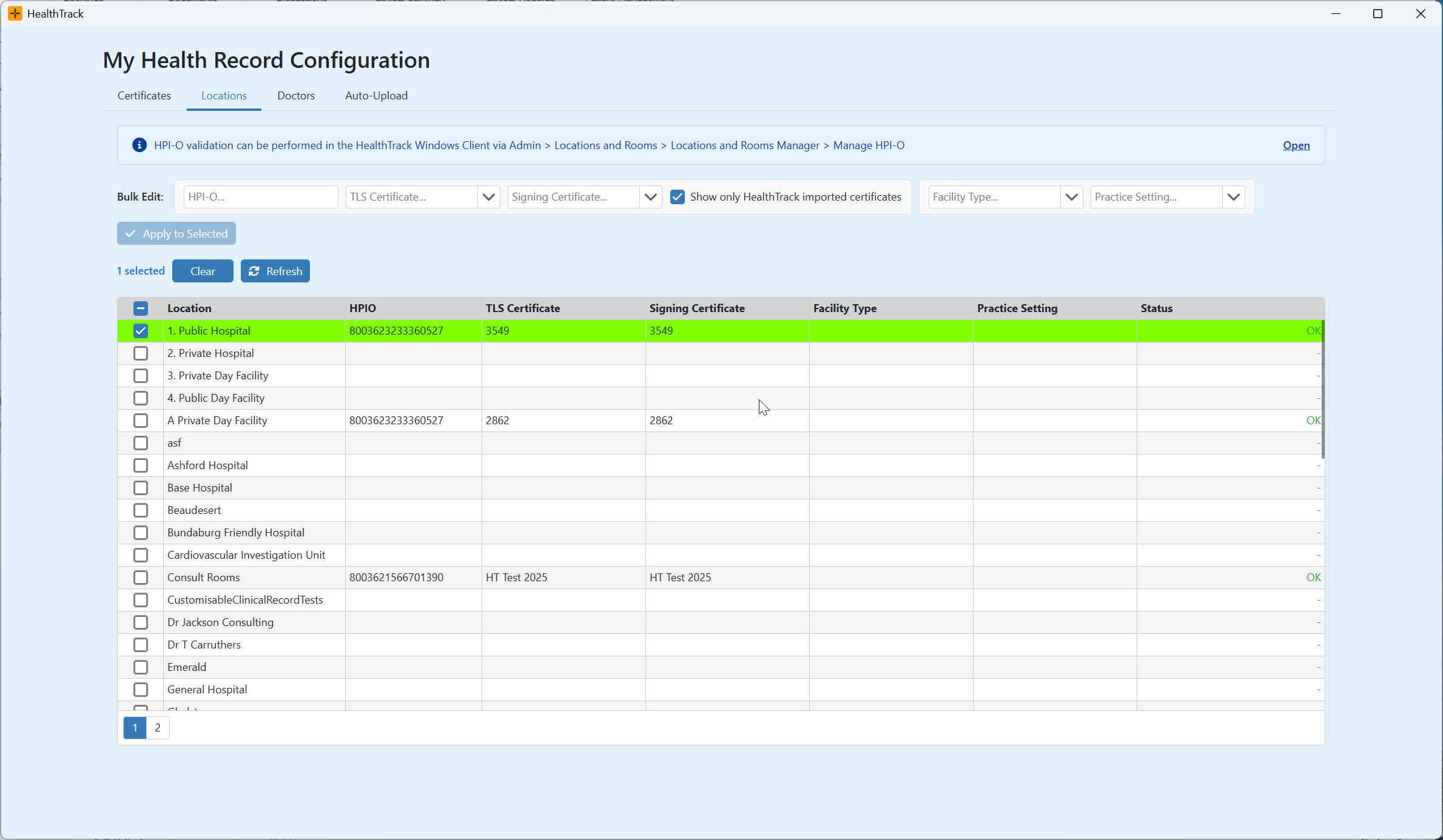 Locations tab in the My Health Record Configuration screen