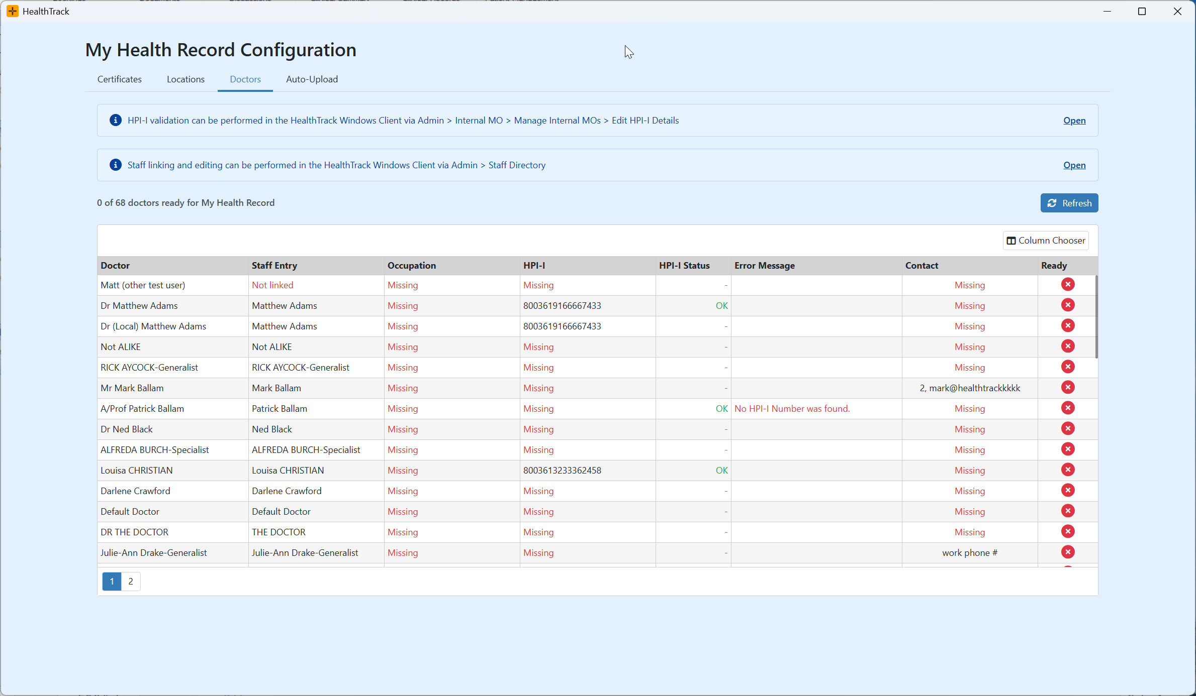 Doctors tab in the My Health Record Configuration screen