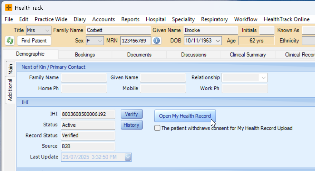 My Health Record section on the Additional tab of Demographics