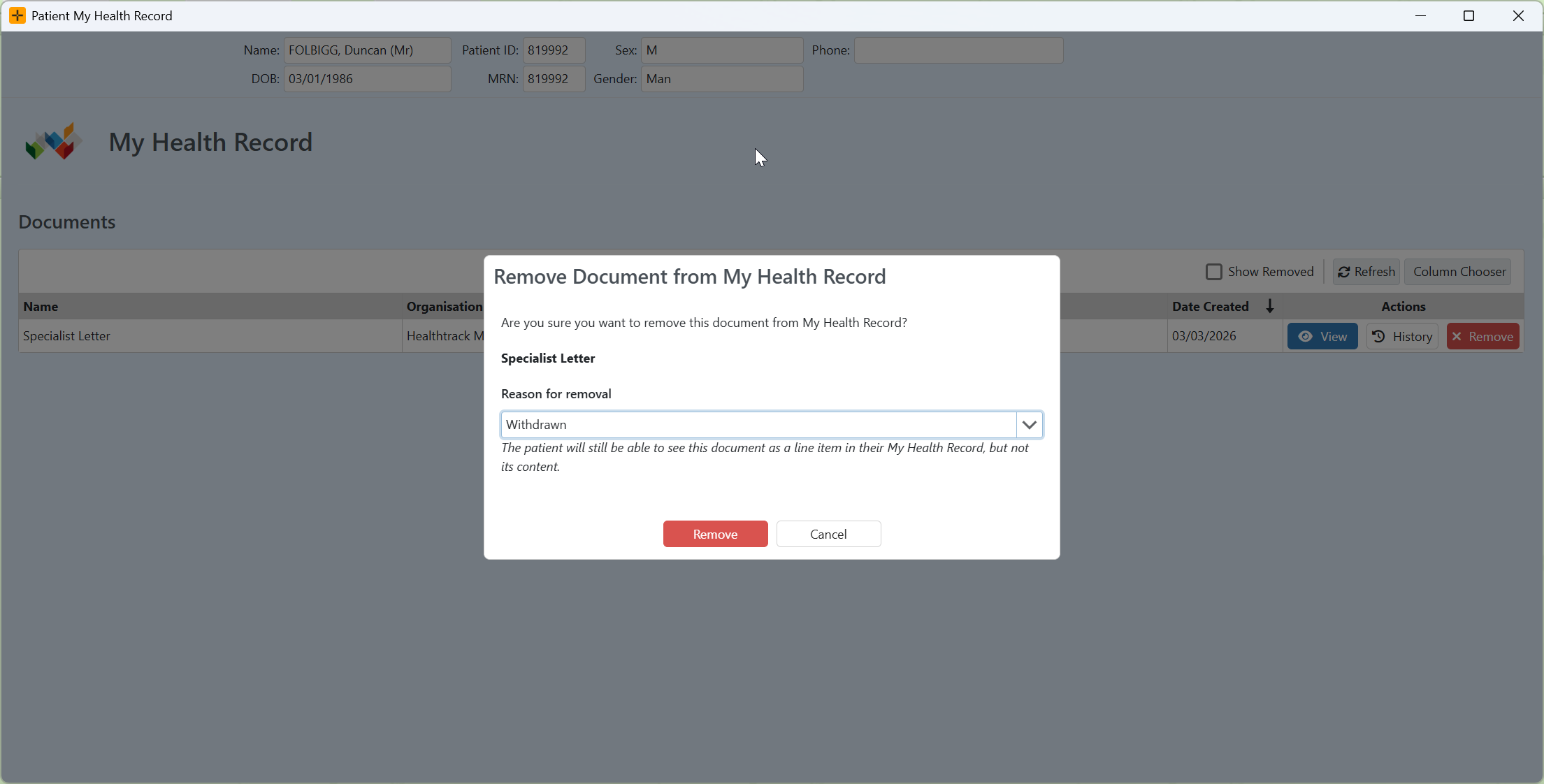 Remove button on a document row