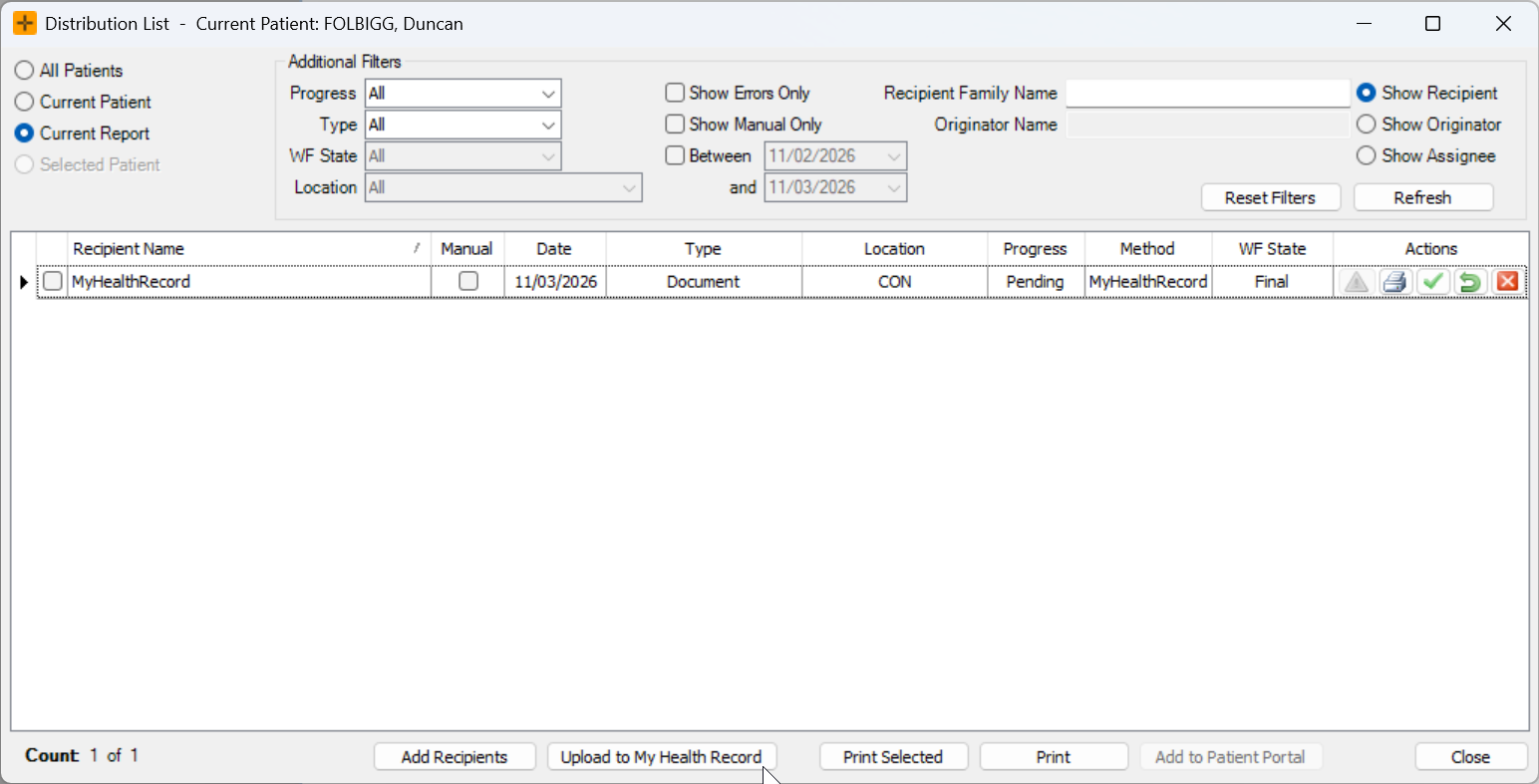 My Health Record entry on the Distribution List after auto-upload