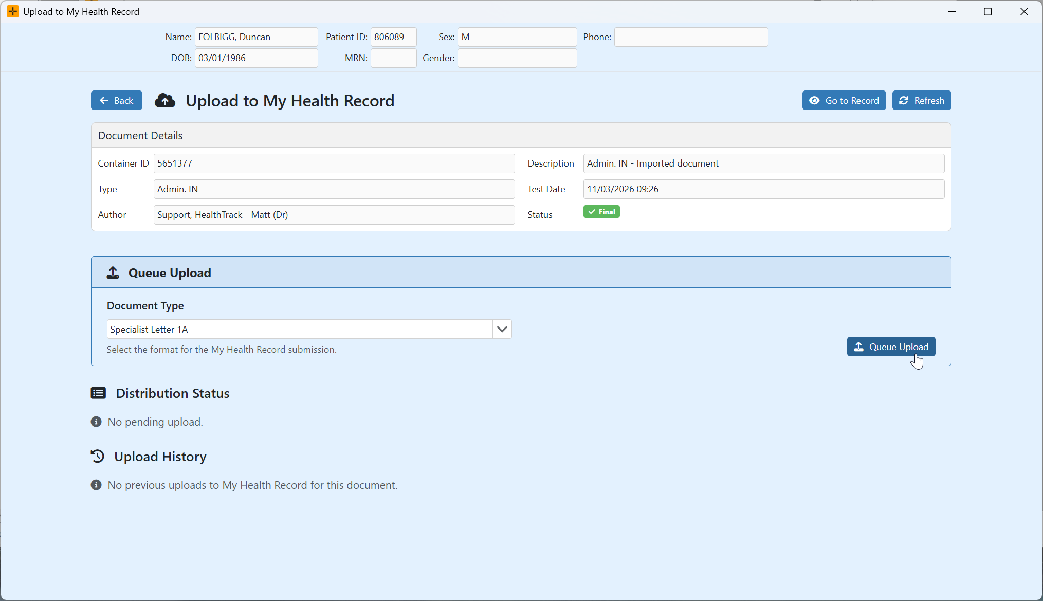Upload to My Health Record screen