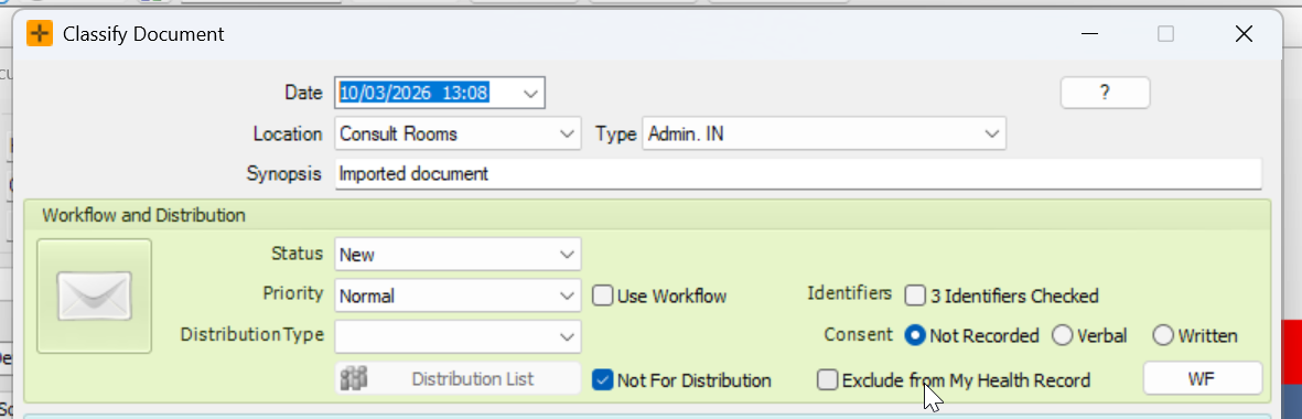 Exclude from My Health Record checkbox on the Classify screen