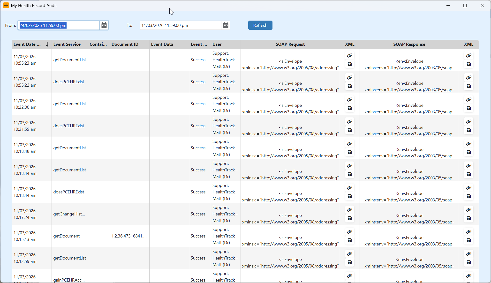 My Health Record Audit screen