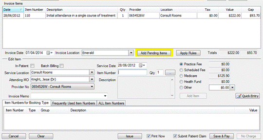 Title: Invoice Items section showing fee fields - Description: Invoice Items section showing fee fields