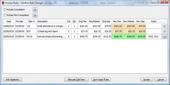Title: Invoice Rules screen showing original and adjusted fees with rules applied - Description: Invoice Rules screen showing original and adjusted fees with rules applied