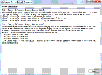 Title: Invoice Service Rules Information dialog showing detailed rule explanations - Description: Invoice Service Rules Information dialog showing detailed rule explanations