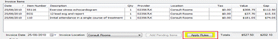 Title: Invoice screen showing the Apply Rules button highlighted in yellow - Description: Invoice screen showing the Apply Rules button highlighted in yellow