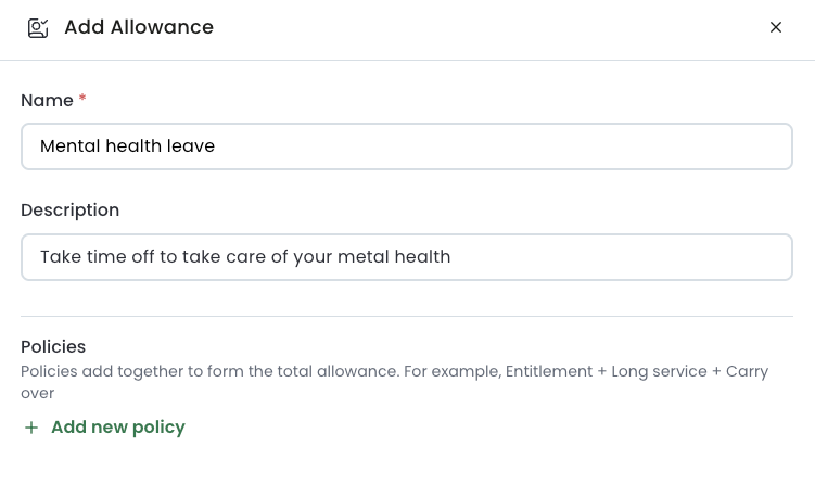 Enter a name and description of the new allowance. The name is required, but the description is optional.