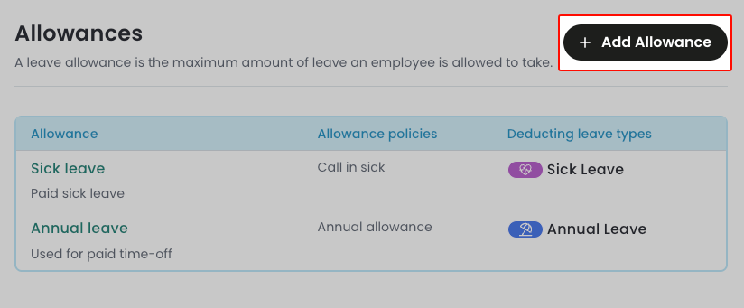 Select Add allowance in Settings > Allowances.
