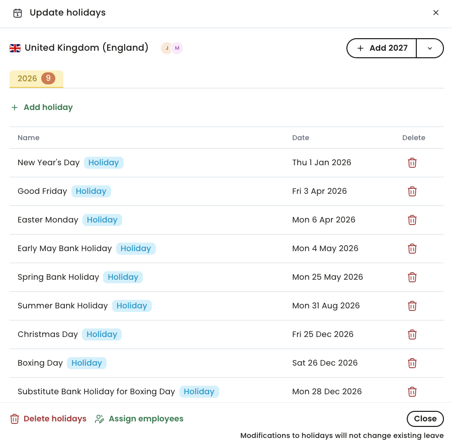 Holidays for selected location are displayed.