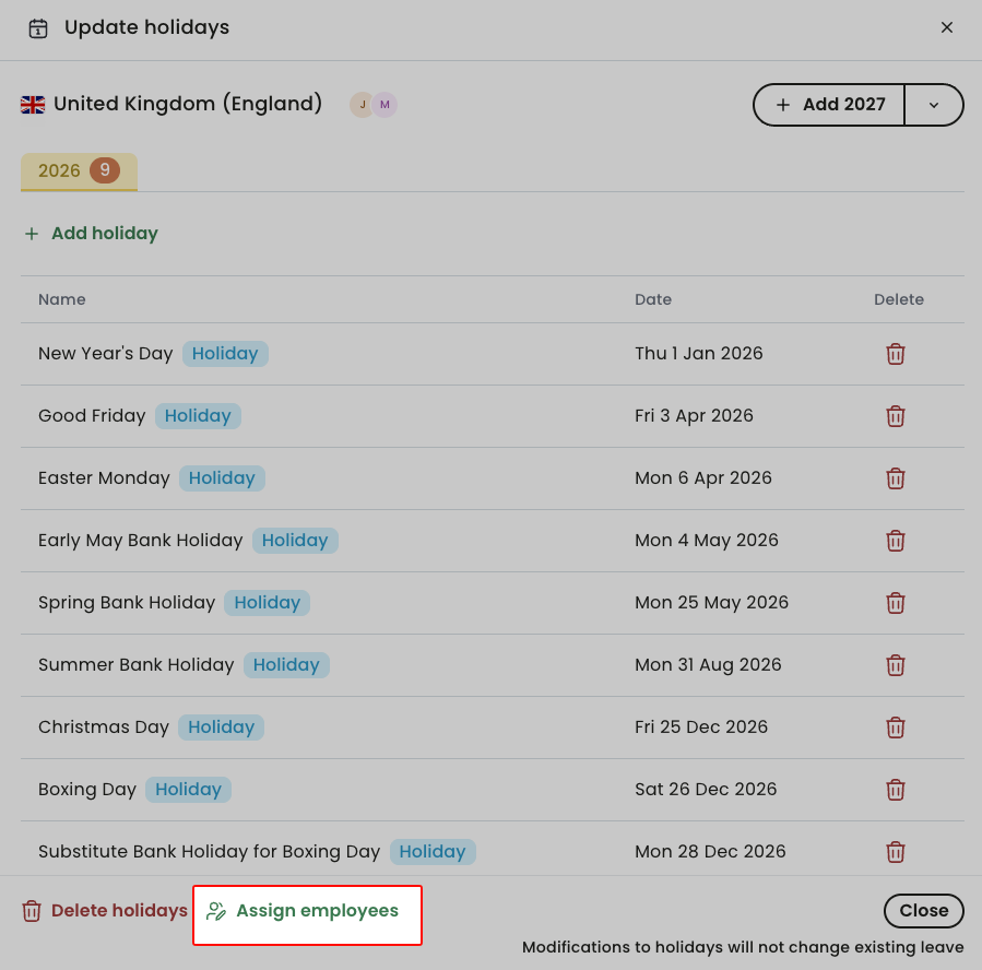 Assign employees to holidays