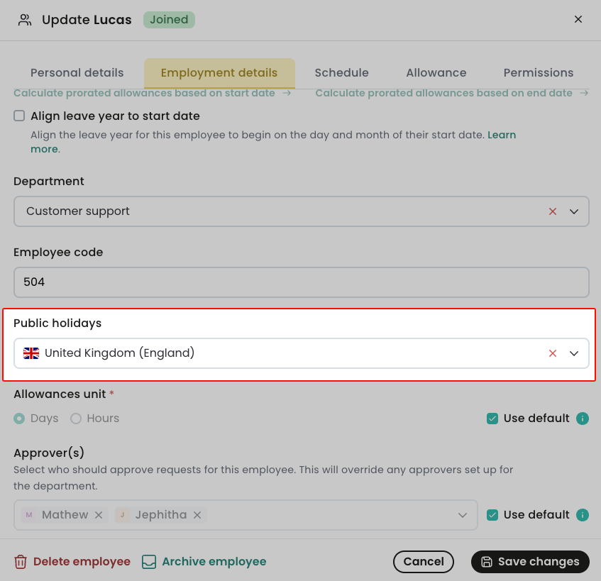Add public holidays in the employment details tab of an employee profile.