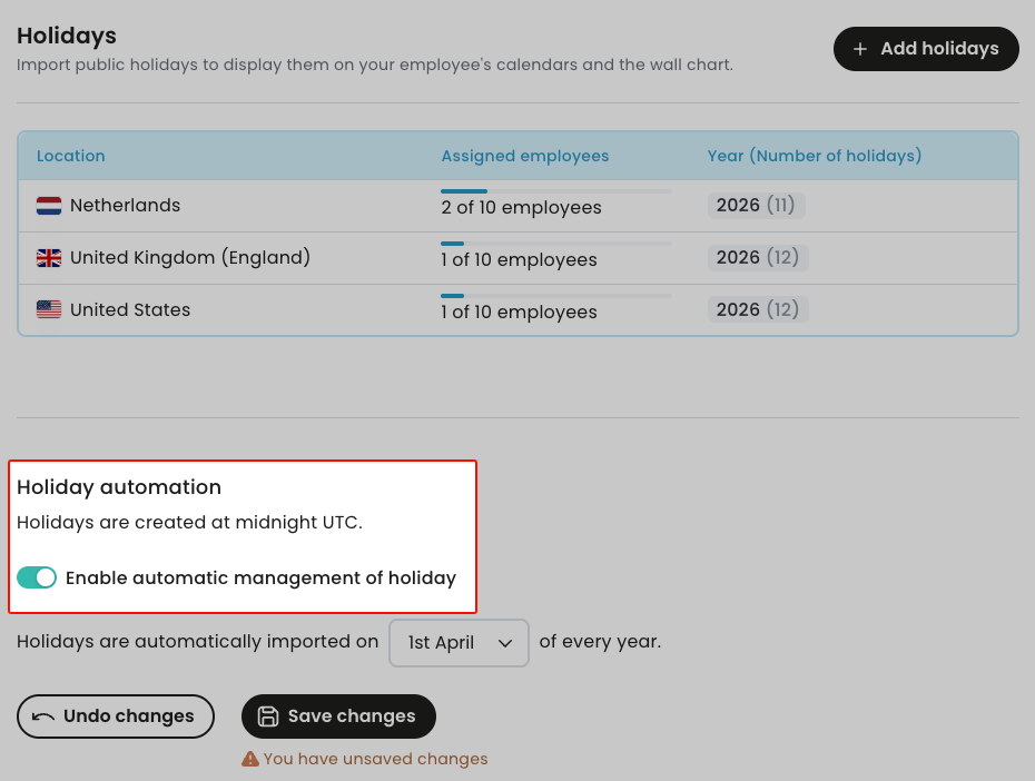 Enable automatic holiday imports